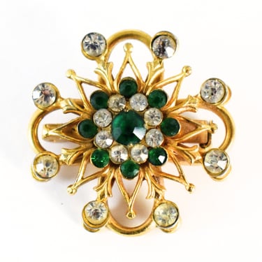 50's Hollywood Regency gold plate rhinestone bling brooch, ornate green & clear crystals dimensional flower pin 