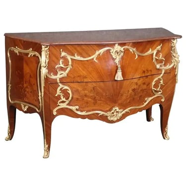 Fine Ormolu Mounted French Louis XV Rouge Marble Top Radiating Inlay Commode