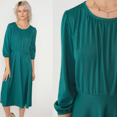 Teal Green Dress 70s Midi Day Dress 3/4 Puff Sleeve High Waisted Pleated Retro Basic Plain Simple Modest Minimalist Vintage 1970s Medium M 