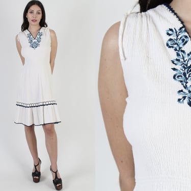 White Ethnic Crinkle Cotton Tank Dress, Vintage Blue Embroidered Floral Smocked Frock, South American Style Tourist Dress 