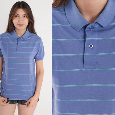 Periwinkle Striped Polo Shirt 80s Collared T-Shirt Retro Short Sleeve Top Preppy Streetwear Blouse Single Stitch Vintage 1980s Small S 