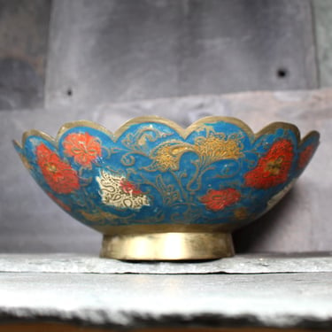 Vintage Painted Brass Bowl | Peacock Motif Bowl | Rustic Brass Footed Bowl | Bixley Shop 