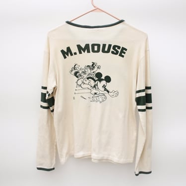 Vintage 70's / 80's Mickey Mouse Football Jersey T-Shirt, Pale Yellow / Beige with Dark Green Print & Trim - Small - Distressed 