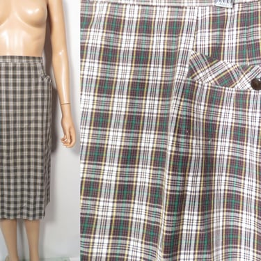 Vintage 60s Cotton Plaid Pencil Skirt With Back Pleat Pockets And Metal Zipper Size 26/27 Waist 