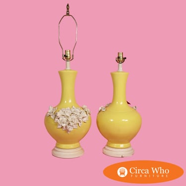 Pair of Yellow Lamps with Relief Flowers