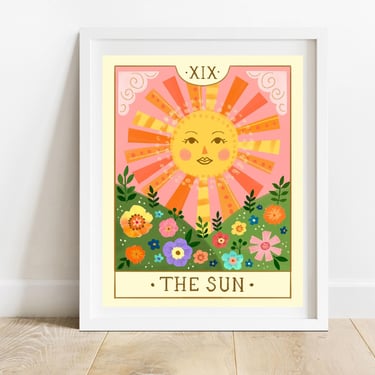 The Sun Tarot Card 8 X 10 Art Print/ Celestial Illustration/ Sun With Floral Meadow Mystical Wall Decor 