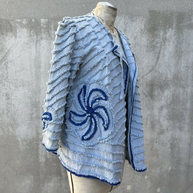 Vintage 1930s Blue Cotton Chenille Coat Floral Nautical Jacket 1940s Vintage