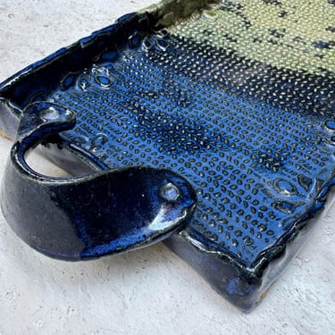 Ceramic Tray, Found Studio Pottery, Decorative Dish with Handles, Olive And Blue Stoneware Plate 