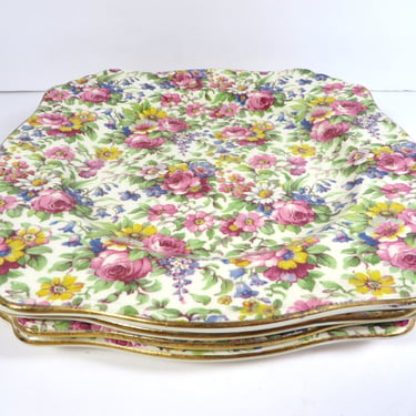 Vintage Royal Winton Grimwades Summertime Salad Plates - 4 Royal Winton Chintz Summertime Square Salad Plates 