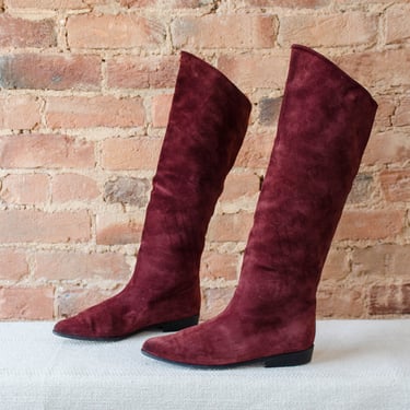 knee high leather boots | 80s 90s vintage Gianpaolo Mattiozzi burgundy dark red suede flat women's boots size 8 