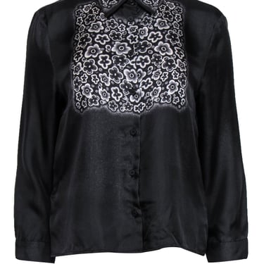 Prada - Black Button-Up Long Sleeve Silk Blouse w/ Floral Print Trim Sz 10