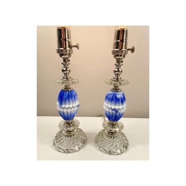 Refurbished Art Deco Boudoir Lamps - Blue Slag Glass - 12.5