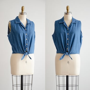 blue jean shirt 90s vintage tie waist cropped sleeveless tank top 