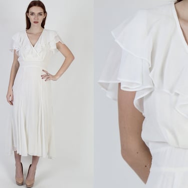 1980's Simple Ivory Avant Garde Dress / 1980s Thin Cream Ruffle Collar Dress / Casual Off White Bridal Wrap Dress 