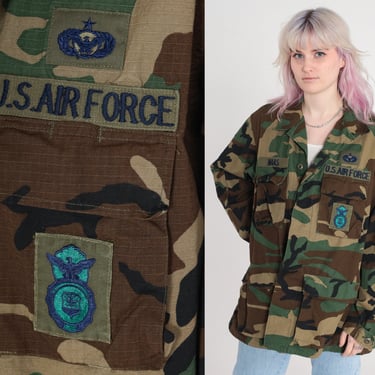 US Air Force Jacket Camo Army Jacket 90s Camouflage Button Up Retro Military Utility Commando Cargo Field Vintage 1990s Medium Long 