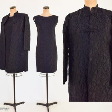 1960s Black Brocade Coat & Dress Set | 60s Black Cotton Brocade Coat Dress Set | Jackie O | Medium 