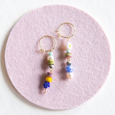 Mini Hoop Daisy + Pearl Drops w/ Leather Spacers - Glass Bead Dangle Earrings 