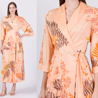Vintage Orange Floral Wrap Robe - Small | Boho Maxi Peignoir Dressing Gown 