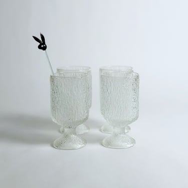 MCM Indiana Glass Goblets, Icicle Texture Footed Glasses, Set of 4, Vintage 1970's 