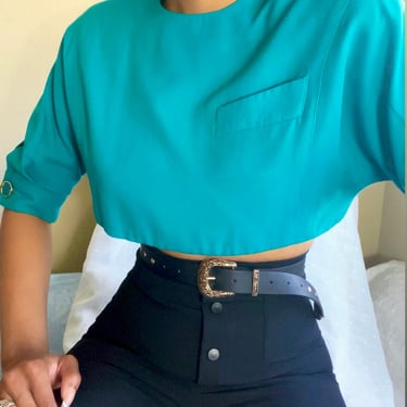 80’s Teal Shoulder Pad Tailored Crop Top Redesigned XS/S 