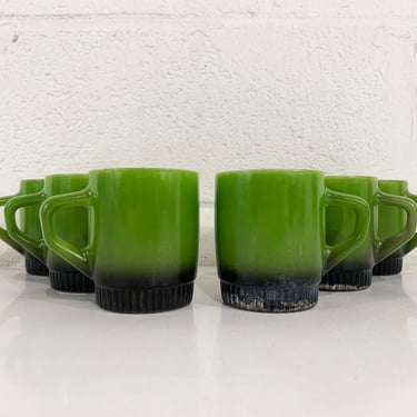 Vintage Green Anchor Hocking Fire King Mugs Set of 6 Black Fade Ombre Coffee Tea Matte USA Made Stacking Glass Mug 1950s 