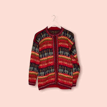 Vintage Peru Alpaca Red Colorful Lama Wool Cardigan Sweater, Size Large 