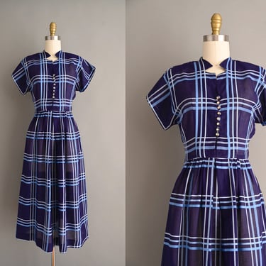 vintage 1950s Dress | Betty Hartford Blue Plaid Print Cotton Summer Day Dress | XS Small 