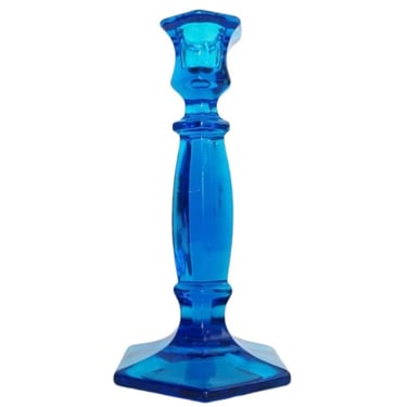 Vintage Blue Glass Candlestick Holder / Colorful Bright Blue 1940s Taper Candle Holder 