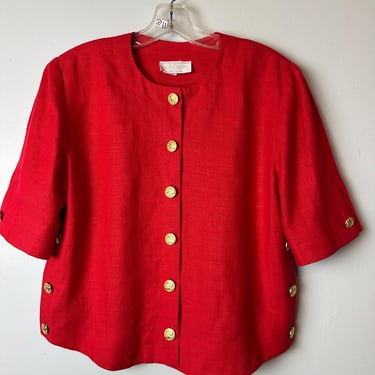 vintage Red Linen Doncaster suit jacket/ Blouse with lots of gold buttons~ 1980’s military vibes Retro costuming pop of color / size M 