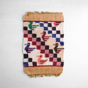Vintage Small Bird Weaving from Ecuador, Handmade Geometric Wool Wall Hanging Textile 