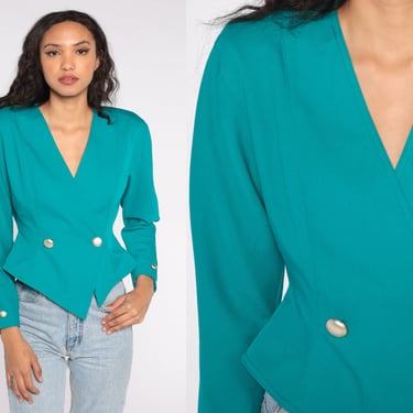 Double Breasted Blazer Jacket 80s Teal Button Up Statement Jacket Cropped Flared Secretary Vintage 1980s Women Tailored Fitted 6 Small S 