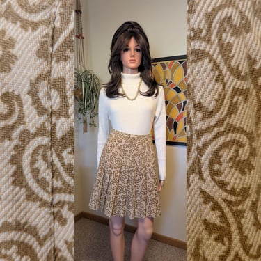 Vintage 1970s Beige Tan Paisley Swirl Print Wool Blend Pleated Skirt / 60s 70s Winter Academia Classic 