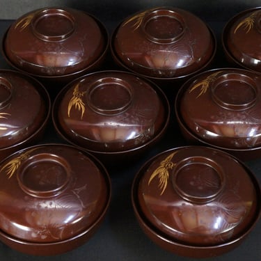 Fine Owan Miso bowl Momiji Japan lacquered wood cups Maki-e art 1930 