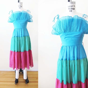 Vintage 70s Ruffle Colorblock Spaghetti Strap Sundress XS Blue Teal Green Pink - Tiered Stripe Dress 