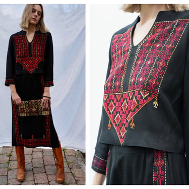 1970's Two Piece Dress / Gorgeous Embroidered Blouse and Skirt Set / Bohemian Embroidery / Romanian / Black with Red Embroidery 