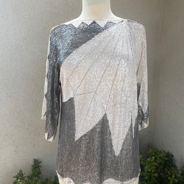 Vintage Disco Top sheer Silver White Sequins Beads Sz Small By Hannah 