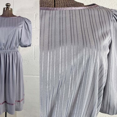 Vintage Sliver Striped Dress Puffy Short Sleeves Festival Party Cocktail Gray Ribbon Pinstripe Medium 1970s 