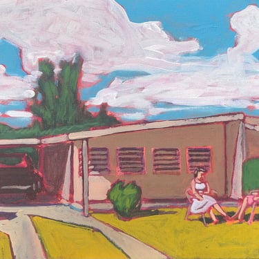 Home - Original Acrylic Painting on Canvas 16 x 12, women, dress, lawn, house, sky, michael van, gallery wall, figurative, clouds, retro 