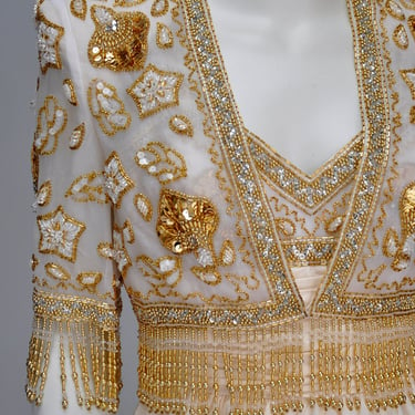 1980s ivory silk beaded dress with matching bolero XS 