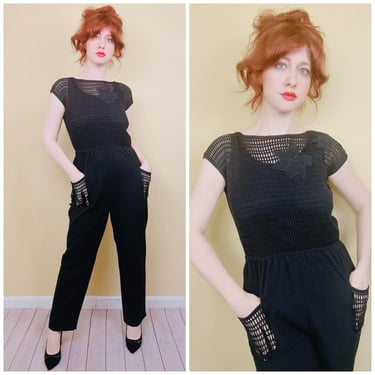 1980s Vintage Mister Noah Poly Cotton Cutwork Jumpsuit / 80s Black Knit Floral Applique Playsuit With Pockets / Medium - Large 