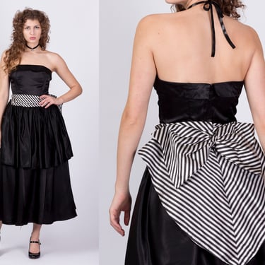 Vintage Gunne Sax Strapless Striped Satin Party Dress - Medium | 80s Black White Fit Flare Midi Prom Formal Gown 