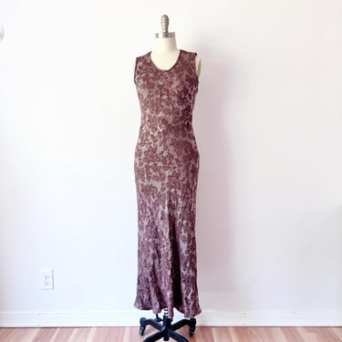 SIZE XS / S 1990s Slinky Sexy Mauve Floral Dress / Bias Cut Maxi Dress with Short Sleeves / Slip Dress Satin Shimmer by Parallel 
