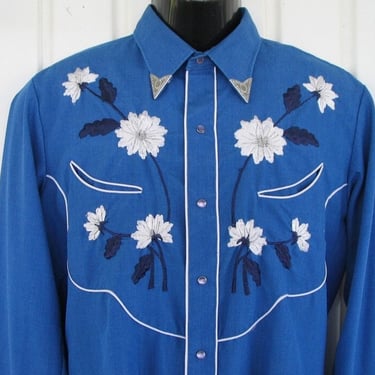 Tem Tex Vintage Western Men's Cowboy, Rodeo Shirt, Medium Blue with Embroidered Pale Blue Flowers, 16.5-35, Approx. Large (see meas. photo) 