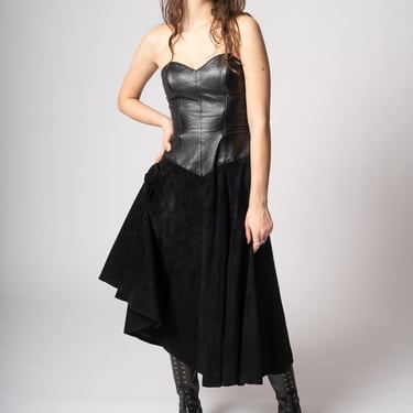 1980’s Black Leather + Suede Strapless Dress