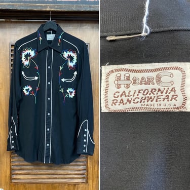 Vintage 1950’s “H Bar C” Western Cowboy Rayon Gabardine Rodeo Rockabilly Shirt, 50’s Embroidery, 50’s Snap Button Shirt, Vintage Clothing 
