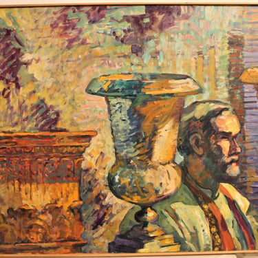 Large vintage 1990's Anthony Ferrara painting of man between urns 30" x 40" 