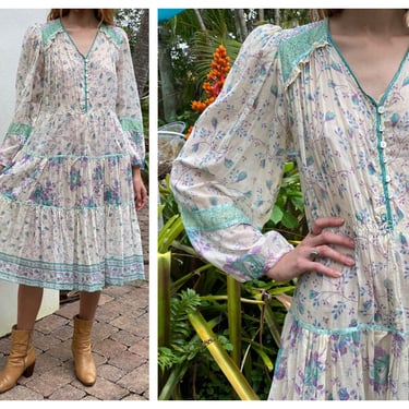 1970's Indian Cotton Dress / Tissue Thin Floral Printed Midi Dress / Easy Cotton Summer Dress / Festival Summer Dress / Puff Sleeves Dress 