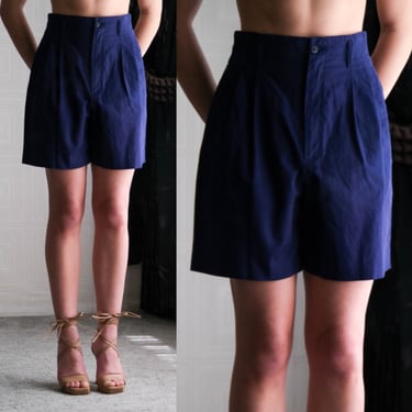 Vintage 90s Ernest Le Gamin Paris Navy Blue High Notch Waist Pleated Shorts | Made in France | 100% Cotton | 1990s French Designer Shorts 