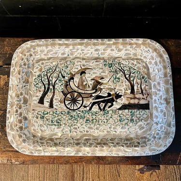 Vintage Mid Century Asian Mother of Pearl and Shell Mosaic Teak Tray Asian Motif 