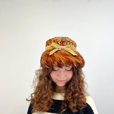 Vintage 1950s Feather Hat | Pheasant Feather Cocktail Hat with Green Velvet Bow and Band 